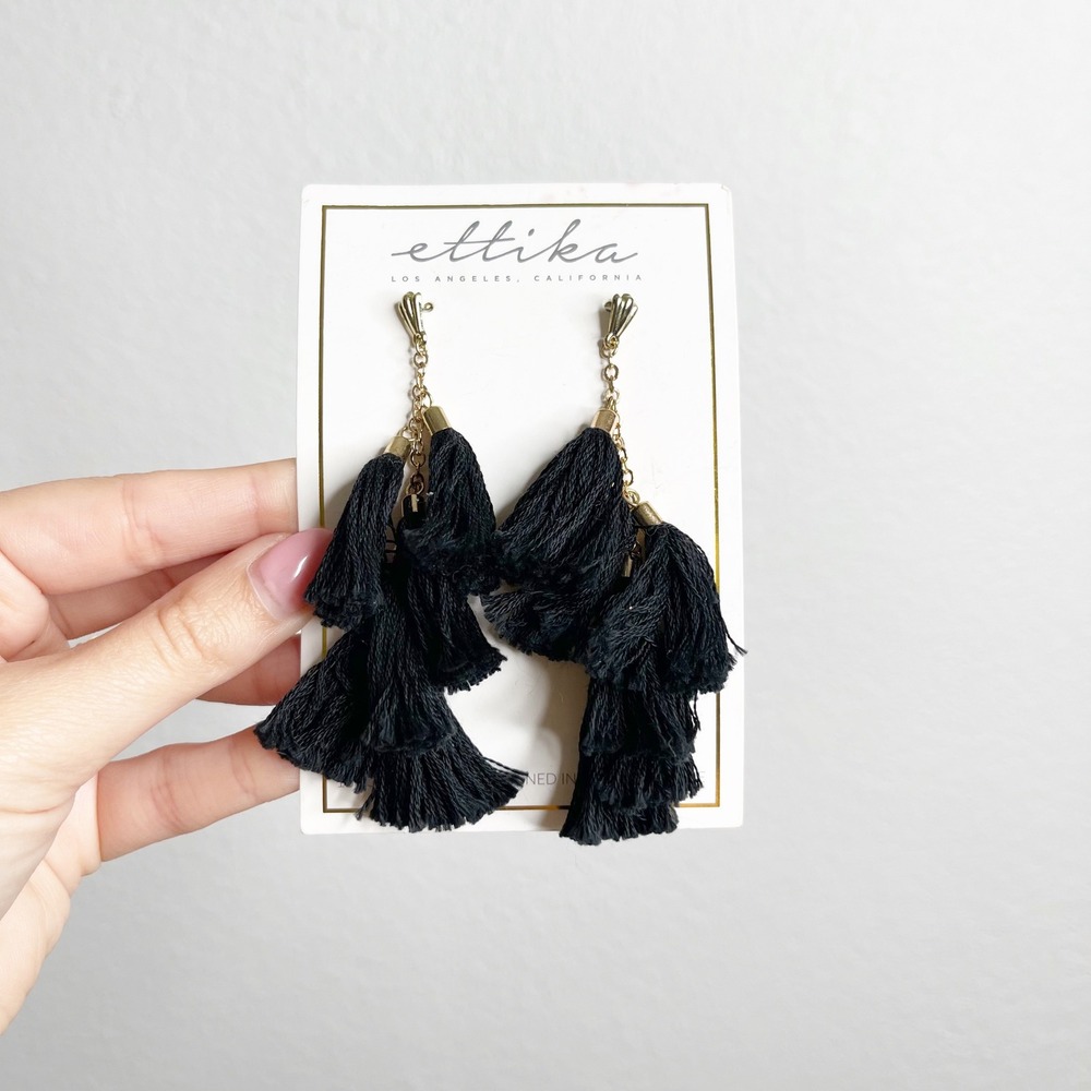 Ettika Revolve Black Tiered Tassel Drop Earrings Gold Tone Post Back Boho